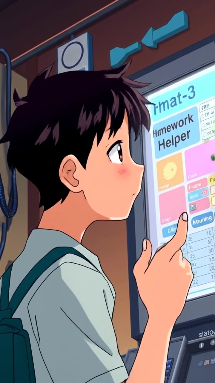 Anime style scene of Ken examining the Homework Helper 3000 with curiosity, pointing at it in a brightly lit room with vibrant colors and detailed machinery. Smooth camera movement with warm lighting creates an engaging atmosphere. The background features a high-tech lab setting. The audio features soft electronic hums.