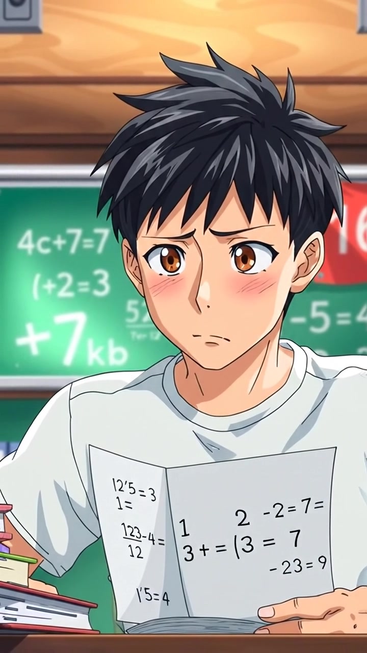 Anime style featuring Ken, looking frustrated with a math book open in front of him, surrounded by a softly lit, cozy room with warm tones and subtle shadows. The scene depicts him deep in thought with a tense expression, natural lighting highlighting his features. The background audio features faint ambient room sounds.