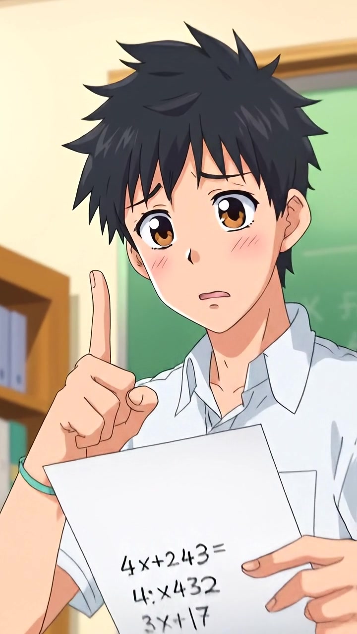 Anime style scene featuring Ken with a whiny expression, pointing at a math problem on a paper. Bright, natural lighting highlights his expressive face in a cozy classroom setting. Smooth camera zooms in on his gesture as soft ambient sounds of a school environment play in the background.