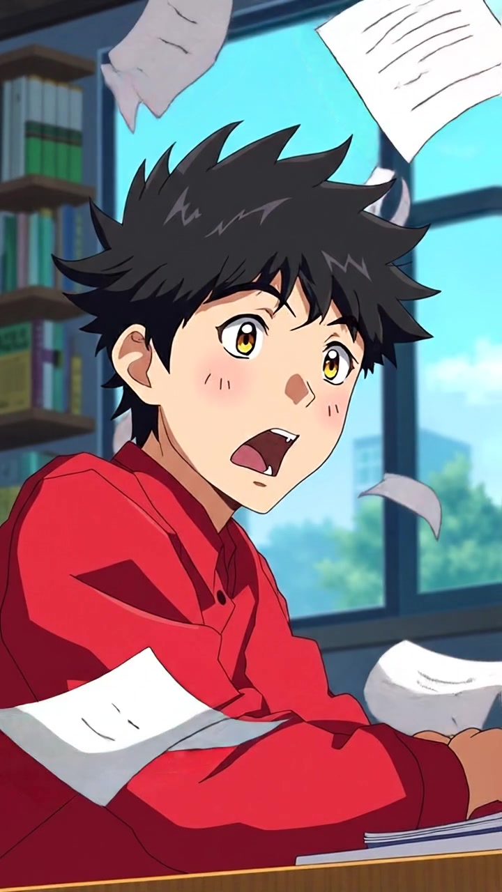 Anime style scene of Ken, looking amazed as he finishes his homework swiftly with papers flying around him, captured in a bright, energetic environment. Natural lighting with smooth camera movement creates a dynamic, engaging atmosphere. The background features a cozy, cluttered study space. The audio features lively classroom sounds.