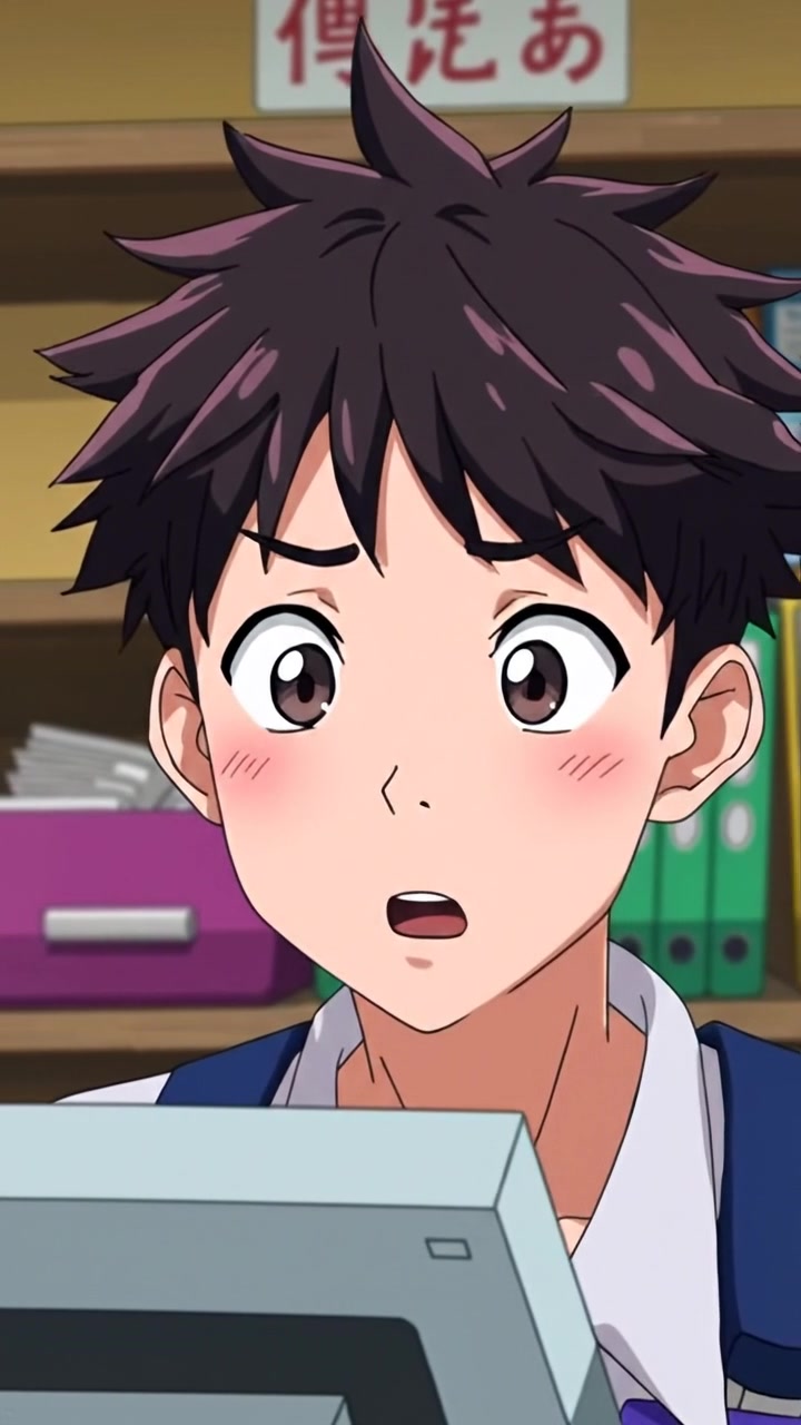 Anime-style image of Ken with a surprised expression, gazing curiously at the futuristic 'Homework Helper 3000' gadget, in a bright, well-lit room with soft shadows and vibrant colors. The scene features high detail, smooth camera focus, with a warm, inviting atmosphere. The background audio features a gentle technological hum.