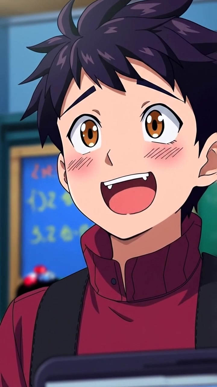 Anime style scene featuring Ken with an ecstatic expression, gazing at the Homework Helper 3000 robot, surrounded by vibrant, bright colors. The setting is indoors with warm artificial lighting, emphasizing anticipation and excitement. Smooth camera move capturing his enthusiastic face. The background features a cozy, well-lit study area. The audio features soft, upbeat background music.