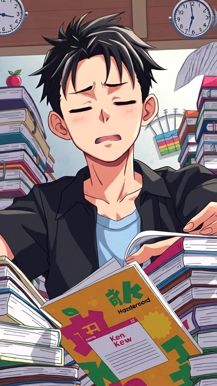 Anime style of a teenage boy, Ken, sighing dramatically amidst a chaotic mountain of unfinished homework, soft ambient lighting highlighting his stressed expression, dynamic camera angle emphasizing the overwhelming pile, with a warm, subdued color palette. The background features a cluttered desk and a window showing a cloudy sky. The audio features gentle rustling of papers in the background.