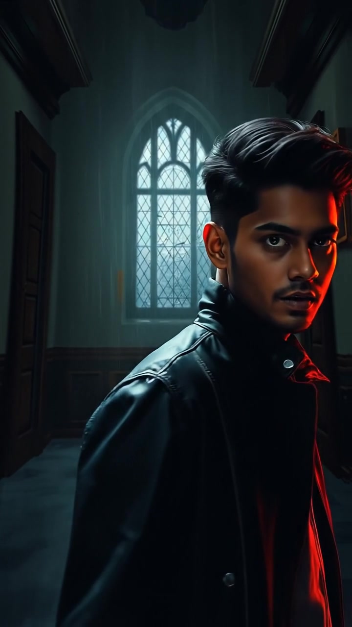 A gothic horror scene featuring Arjun nervously looking around in a dimly lit, shadowy mansion room. The space is filled with wrought iron chandeliers, tattered velvet drapes, and flickering candlelight casting eerie shadows. Cinematic style is dark and high detail with smooth camera movement. The audio features ominous wind and distant thunder.