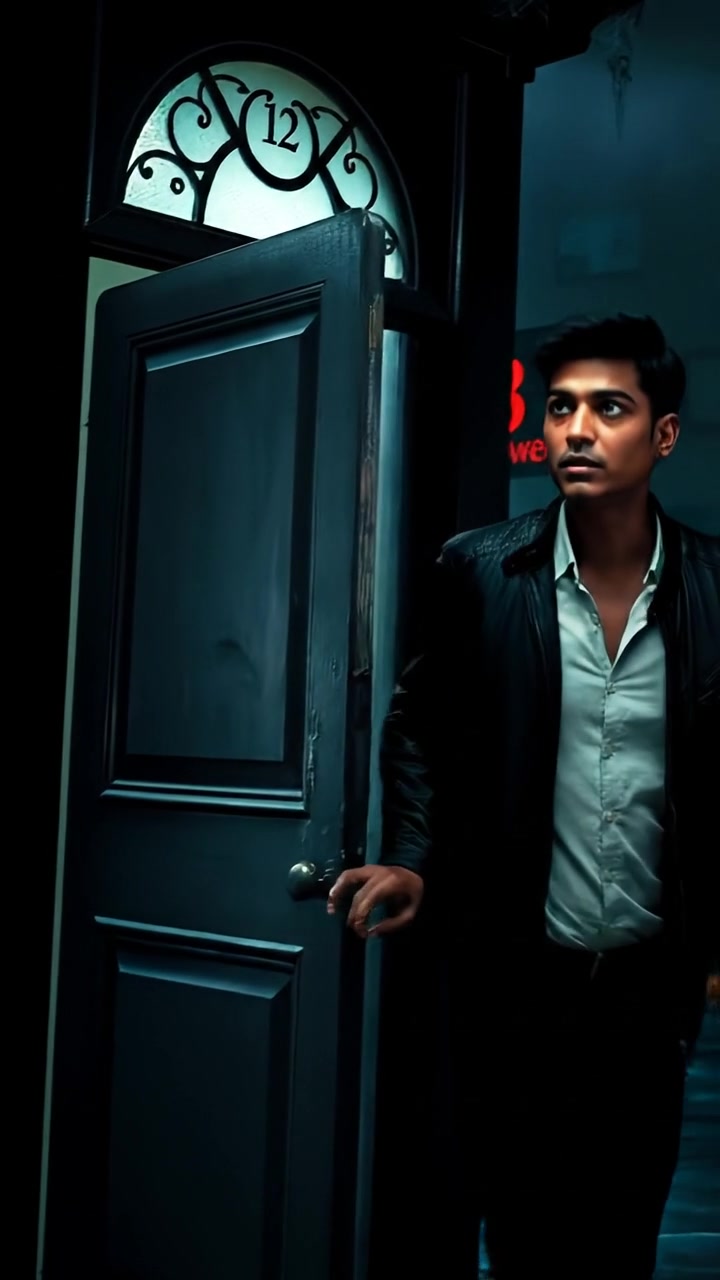 A gothic horror scene featuring Arjun stepping inside Room 13 as the door creaks open behind him, dimly lit with shadows flickering on aged stone walls, moss and cobwebs accentuating the eerie atmosphere. Cinematic style, natural moonlight casting soft shadows, smooth camera tilt. The audio features distant thunder and whispering winds.