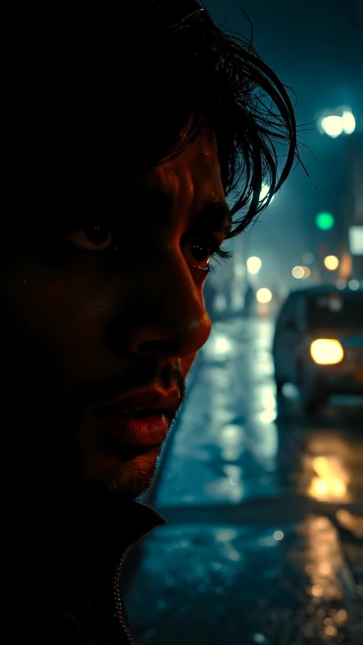 Close-up of Rakesh's face showing confusion in a gothic horror setting, dimly lit with shadowy, intricate details, soft candlelight illuminating his features, emphasizing his worried expression, with an overcast, ominous atmosphere. Smooth camera focus on his face, subtle movements in the scene. The background audio features faint, whispering voices.