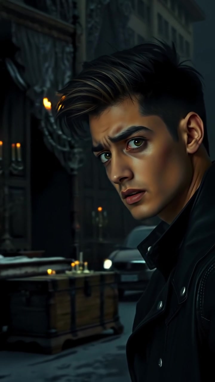 A gothic horror scene featuring Arjun searching an empty, candle-lit bedroom with a look of confusion on his face. Natural, moody lighting highlights detailed textures of ancient furniture and shadowy corners, cinematic camera slowly moving around him. The background audio features eerie silence and faint whispering.