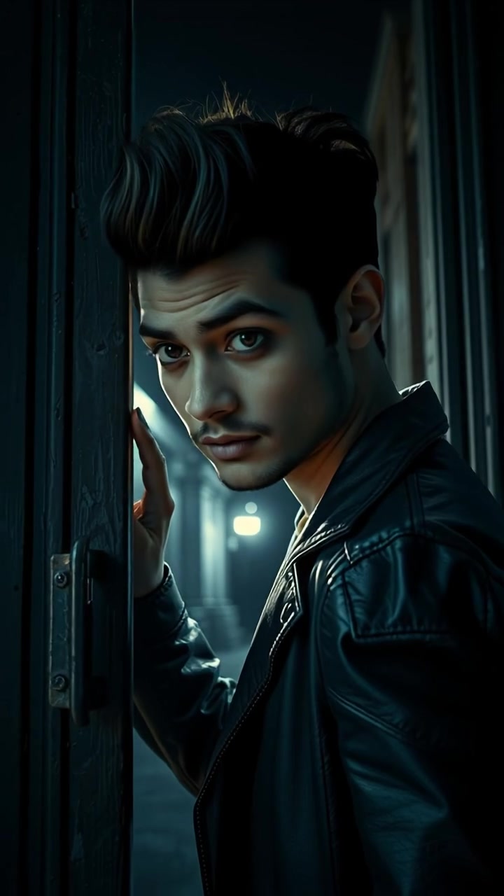 A gothic horror scene featuring Arjun gently pushing open a creaky door, revealing a dark, silent, and eerie interior. The setting is dimly lit with flickering shadows, high-detail textures, and smooth camera movement. The background audio features ominous wind and distant whispers.