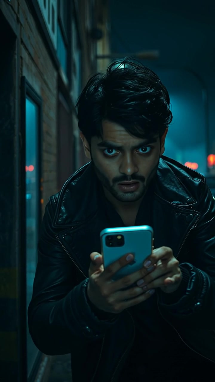 A gothic horror style scene featuring Aditya with a shocked expression, staring at a phone screen in a dimly lit, ominous room. The scene is illuminated by faint, flickering candlelight, emphasizing shadows and creating a tense atmosphere. Cinematic with high detail, smooth camera movement. The background audio features eerie, whispering winds.