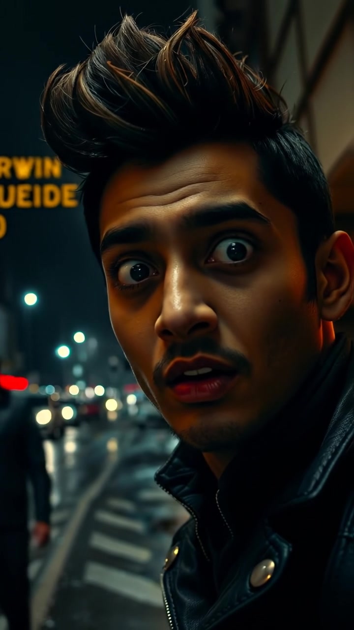 Close-up of Arjun's face filled with excitement, set in a dark gothic horror atmosphere with shadowy lighting and intricate Gothic details. The camera captures intense emotion with smooth motion, emphasizing the eerie ambiance. The background features a haunting, gloomy Gothic setting. The audio features whispering winds and creaking wood.