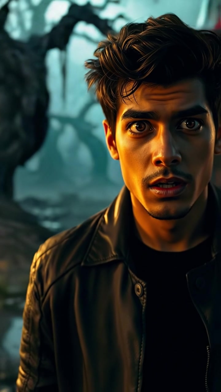 A gothic horror style scene featuring Arjun with wide, startled eyes and a hint of fear on his face. The lighting is dark with high contrast, emphasizing shadows and eerie ambient glow, captured with a smooth camera movement. The background features a haunting, fog-laden atmosphere with twisted, ancient trees. The audio features whispering winds and distant eerie sounds.