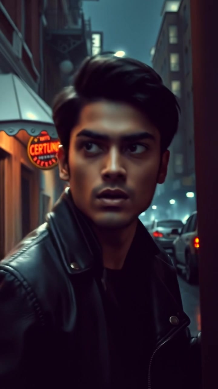 A gothic horror scene featuring Arjun cautiously peering around, with ominous shadows looming behind him. Rich, dark tones, high detail, and soft, diffuse lighting create a tense atmosphere. A cinematic slow dolly shot emphasizes his wary expression, set against a shadowy, eerie background. The audio features a subtle, haunting ambient score.