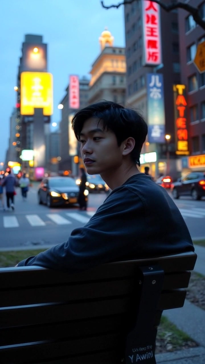 Subject: A contemplative figure sitting on a park bench. Subject movement: The person gazes thoughtfully into the distance while subtle movements of their hands suggest deep reflection. Scene: A busy city park, with the hustle and bustle of urban life surrounding the bench, filled with people walking, children playing, and cars passing by. Style: Soft afternoon light casts gentle shadows, creating a warm and inviting atmosphere amidst the city chaos. Motion: The camera smoothly zooms in on the person’s face, capturing their expressions and thoughts, then pans out to reveal the vibrant city scene around them, creating a contrast between stillness and movement.
