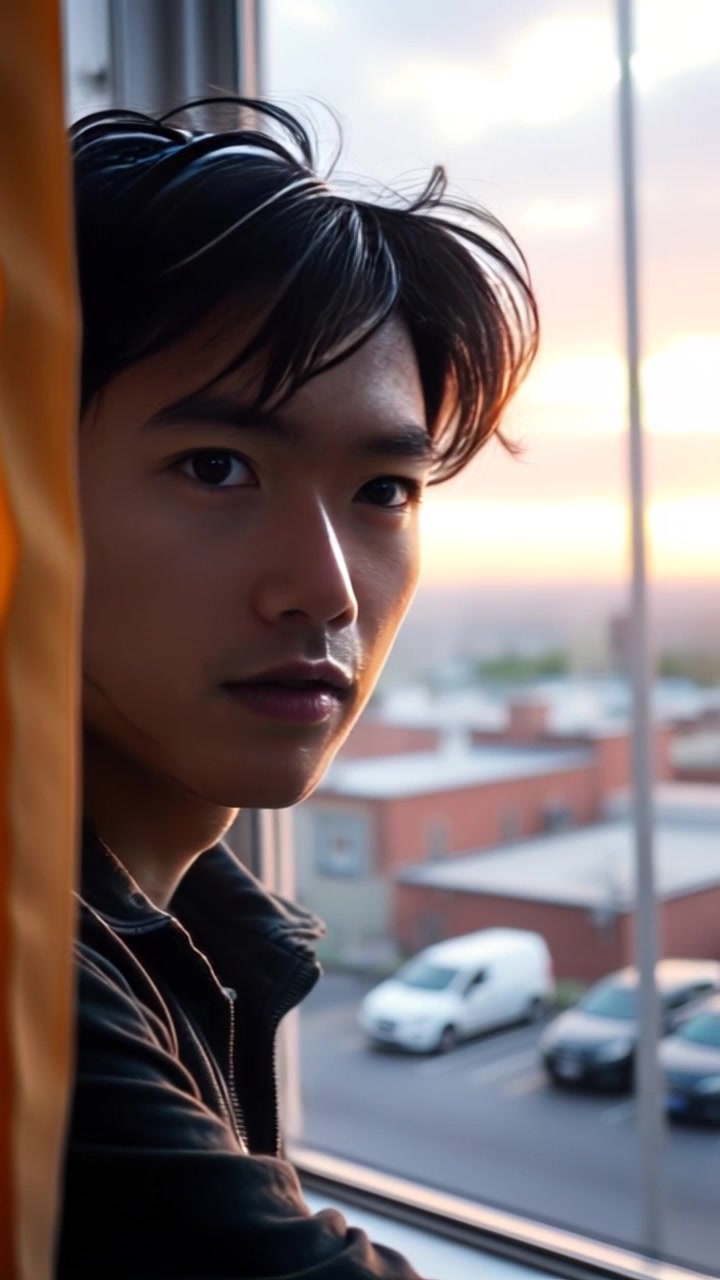Subject: A person with a determined expression. Subject movement: The person gazes intently out of an open window towards the horizon, their features reflecting a sense of purpose. Scene: A cozy room bathed in soft morning light, with the window framing a clear view of the expansive sky. Motion: The camera begins with a close-up on the person's face, then slowly pulls back to reveal the entire window frame while still maintaining focus on their expression. Lighting: Warm morning light illuminating the scene, creating an inviting atmosphere.