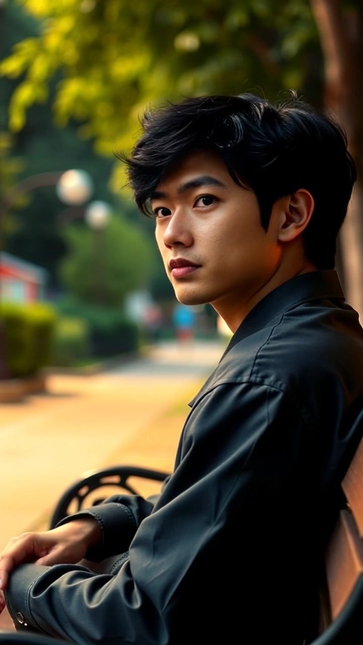 Subject: A person with a thoughtful expression sitting quietly on a park bench. Subject movement: The person shifts slightly, gazing out into the distance, lost in contemplation. Scene: A serene park setting with lush greenery and dappled sunlight filtering through the leaves. Style: Soft, morning light creating an inviting atmosphere filled with gentle warmth. Motion: The camera slowly pushes in on the person, capturing their tranquil demeanor while slowly revealing the beautiful park surroundings.
