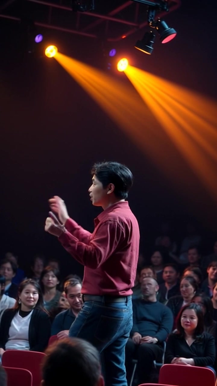 Subject: A charismatic speaker on a large stage. Subject movement: The speaker gestures enthusiastically while addressing a captivated audience, pacing confidently across the stage. Scene: A grand auditorium filled with an eager audience, with bright stage lights illuminating the speaker against a soft background of spectators. Style: Warm spotlighting creates a dynamic contrast with the shadowy audience. Motion: The camera performs a dramatic panning shot from the audience to the speaker, capturing the energy and engagement in the room.