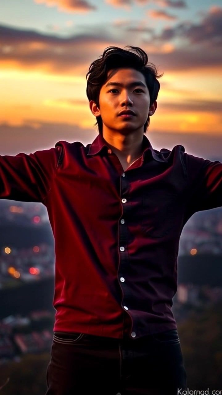 Subject: A young man standing on a hilltop. Subject movement: He stands still with his arms open wide, embracing the beauty of the sunset. Scene: Elevated hilltop overlooking a breathtaking sunset, with vibrant orange and purple hues filling the sky. Lighting: Golden-hour light casts a warm glow on the subject and the surrounding landscape. Motion: The camera slowly pushes in, capturing the serene expression on his face as the vast panorama unfolds behind him, evoking a sense of peace and tranquility.