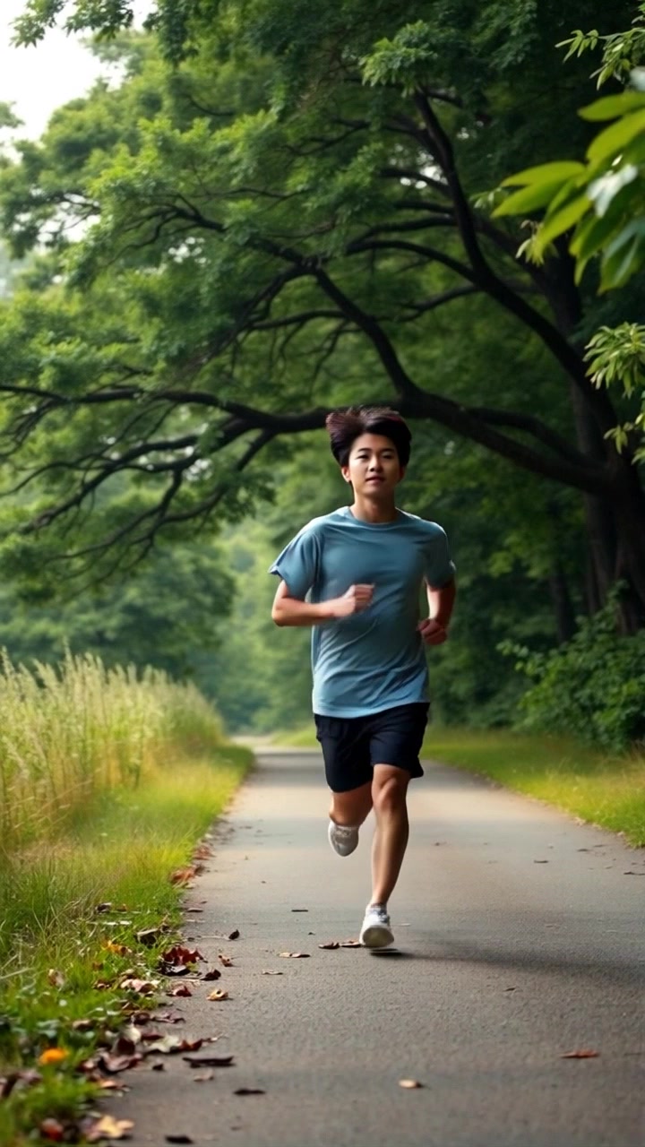 Subject: A runner in motion. Subject movement: The runner dashes energetically along a peaceful path. Scene: A lush green park with trees flanking the sides of the pathway, enveloped in vibrant greenery. Style: Soft morning light creating a serene yet invigorating atmosphere, a gentle breeze rustling the leaves. Motion: Camera tracks fluidly alongside the runner, occasionally pushing in for close-up shots of their focused expression, capturing the dynamic motion amidst the tranquil setting.