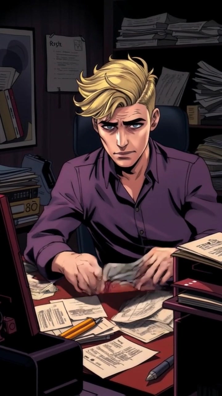 Subject: A man seated at a cluttered desk, visibly stressed while sifting through scattered papers and bills. Scene: A disheveled home office filled with paperwork, office supplies, and an overflowing trash bin in the background. Style: Natural, ambient lighting with a slightly dim atmosphere, conveying a sense of overwhelming chaos. Motion: The camera executes a slow push-in towards the man's face, capturing his furrowed brow and frustrated expression as his hands move nervously over the documents.