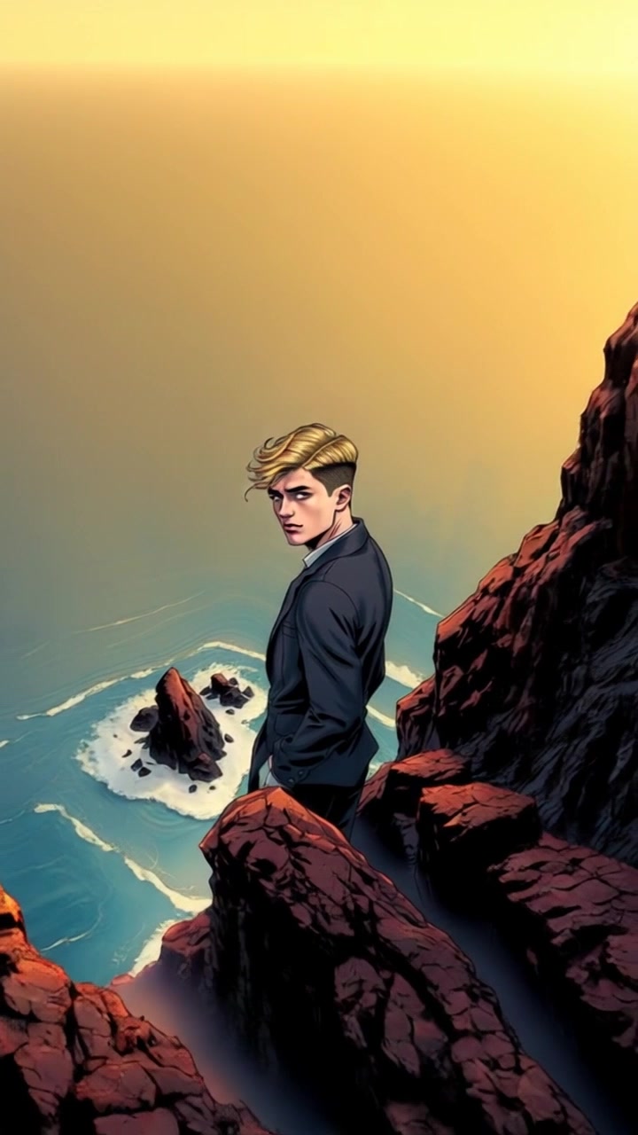 Subject: A reflective figure standing on a rocky cliff. Subject movement: The figure stands still, gazing out over the vast ocean, with wind gently tousling their hair. Scene: A rugged cliff edge overlooking the expansive sea, waves crashing against the rocks below. Lighting: Soft, ambient light of a late afternoon, casting gentle shadows. Motion: The camera slowly pans out from a close-up of the figure, revealing the dramatic coastline and endless water stretching to the horizon, evoking a sense of solitude and contemplation.
