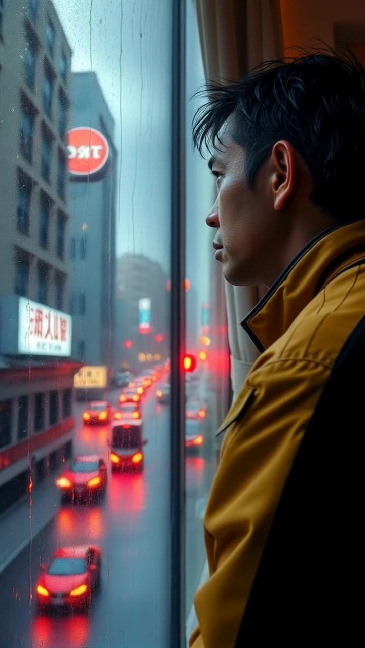 Subject: A young man gazing thoughtfully out of his apartment window. Subject movement: He stands still, with gentle reflections of the raindrops on the glass. Scene: A cozy apartment interior with warm, inviting colors, contrasting the gray, rain-soaked street outside. Style: Soft afternoon light filtering through the window, casting delicate shadows. Motion: The camera slowly pushes in towards the window, highlighting the raindrops and the man's contemplative expression, while the cityscape blurs softly in the background.