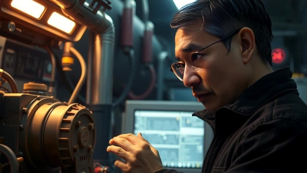 Subject: A person intently examining a complex machine. Subject movement: The individual leans closer to inspect an unusual component, their brow furrowed in concentration. Scene: A dimly lit laboratory filled with various scientific instruments, shadows dancing on the walls. Style: Soft, moody lighting accentuates the intricate details of the machine's components. Motion: Camera smoothly moves in a tight shot, capturing the person's focused expression and the intricate machinery in the background.