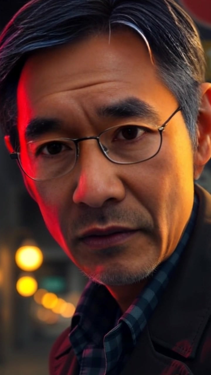 Subject: A weary detective, Hiro, gazing pensively into the distance. Subject movement: He shifts his head slightly, revealing the depth of his exhaustion. Scene: Dimly lit alleyway, illuminated by flickering lights creating deep shadows. Style: Moody lighting enhances the gritty atmosphere around him. Motion: Camera slowly pushes in to capture the intricate details of his expression, allowing tension to build as the surrounding darkness subtly envelops him.