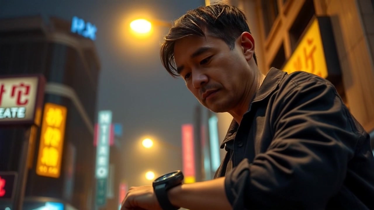 Subject: A person checking their wrist device. Subject movement: Hiro stands still under the streetlight, focused on the display. Scene: A dimly lit urban street at night, the glow of the streetlight illuminating his face and casting soft shadows. Style: Cool night lighting with a hint of blue halo around the light. Motion: Camera slowly pushes in on Hiro, capturing the intensity of his expression as he interacts with the device, while the background subtly fades into darkness.