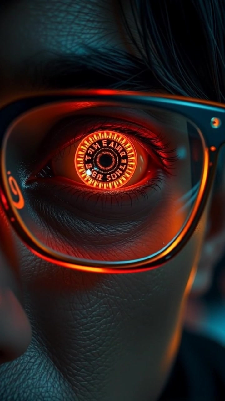 Scene: A close-up view of Detective Hiro's cybernetic eye, gleaming ominously. Style: High-contrast lighting emphasizing the metallic surface and the deep glow emanating from the eye. Motion: The camera pushes in slowly on the eye, revealing intricate details within as a flicker of movement sparks in the reflective surfaces.