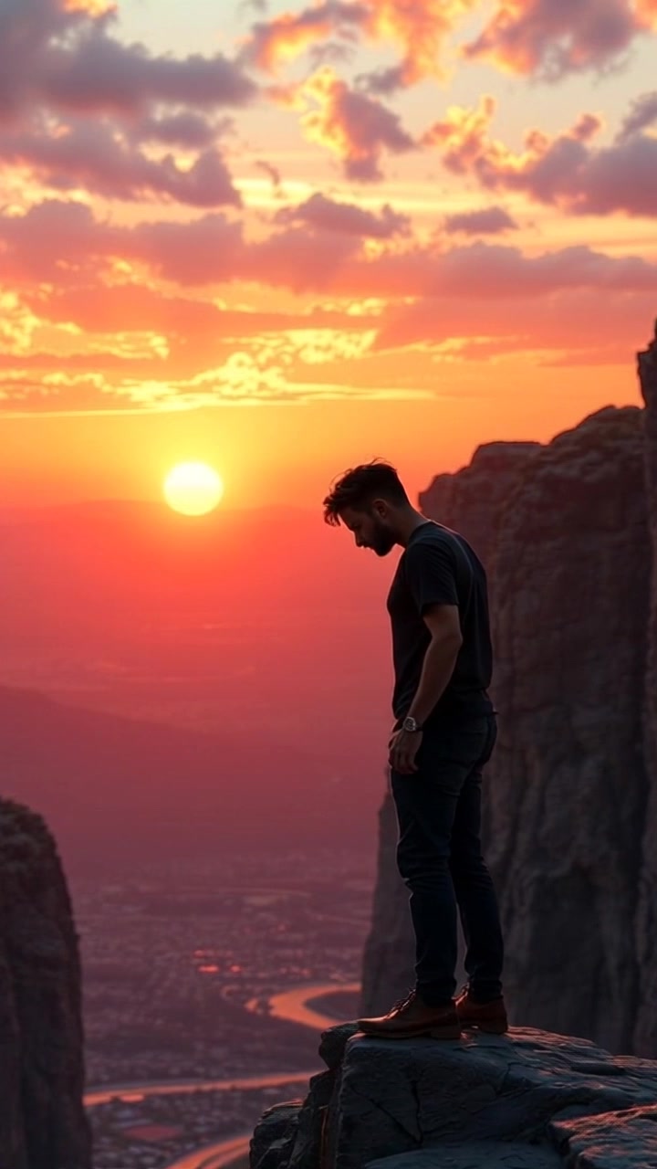 Subject: A man standing at the edge of a cliff. Scene: A breathtaking landscape of a vast, open valley bathed in the soft hues of sunrise. Lighting: Warm, golden light illuminating the valley below. Motion: The camera begins with a stationary shot focusing on the man, then slowly pushes in towards him as he gazes over the valley, capturing the tranquil beauty of the scene.