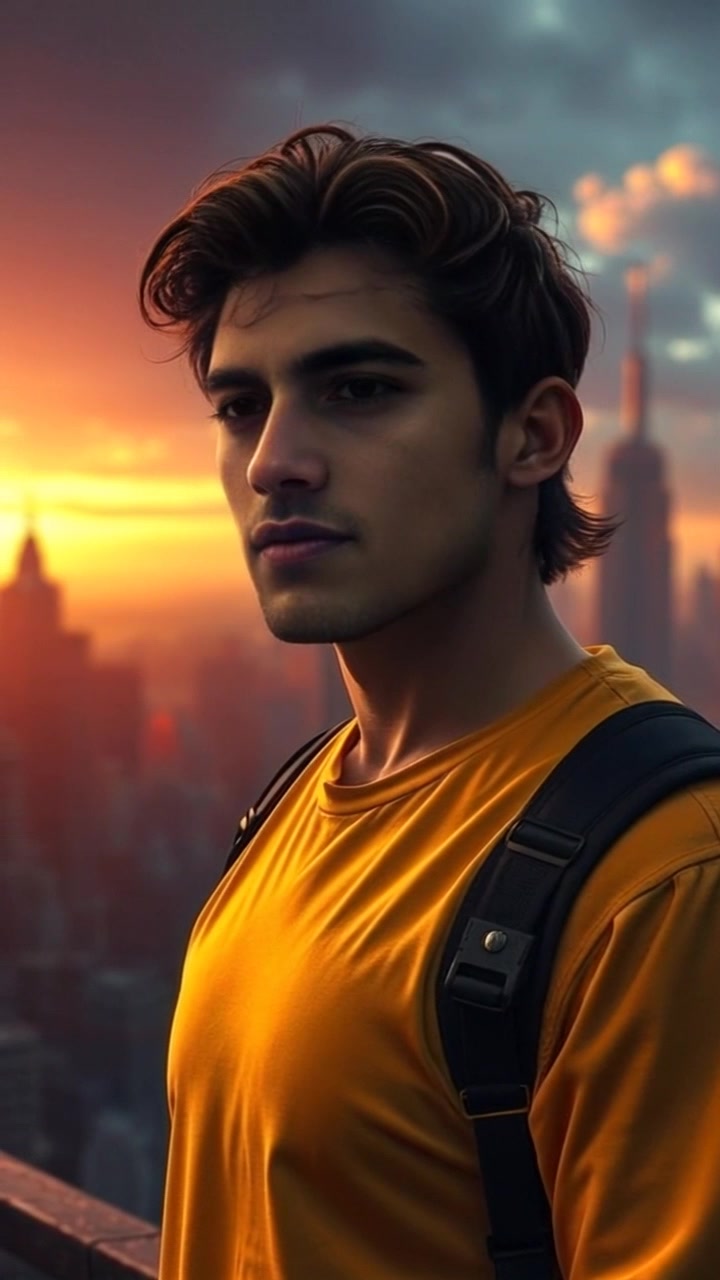 Subject: A determined figure standing tall. Subject movement: The figure looks confidently into the distance, signaling readiness for action. Scene: A striking city skyline serves as the backdrop, with towering buildings silhouetted against a radiant sunset. Lighting: Warm, golden-hour light enhances the scene, casting a glowing hue over the urban landscape. Motion: The camera slowly pushes in on the figure, capturing their resolved expression while the skyline looms dramatically behind.