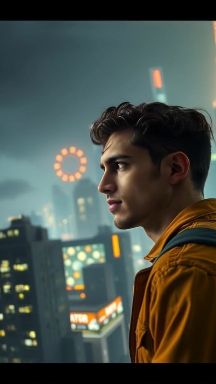 Subject: A young person with a worried expression. Subject movement: Mateo gazes intently across the skyline, his body tense in anticipation of an unseen threat. Scene: A panoramic view of a bustling cityscape under a darkening sky, with ominous clouds gathering. Style: Moody lighting enhances the urgency of the moment as shadows stretch across the buildings. Motion: The camera slowly pans out from Mateo's face to the city skyline, capturing the foreboding atmosphere as the wind stirs, creating ripples in the air.