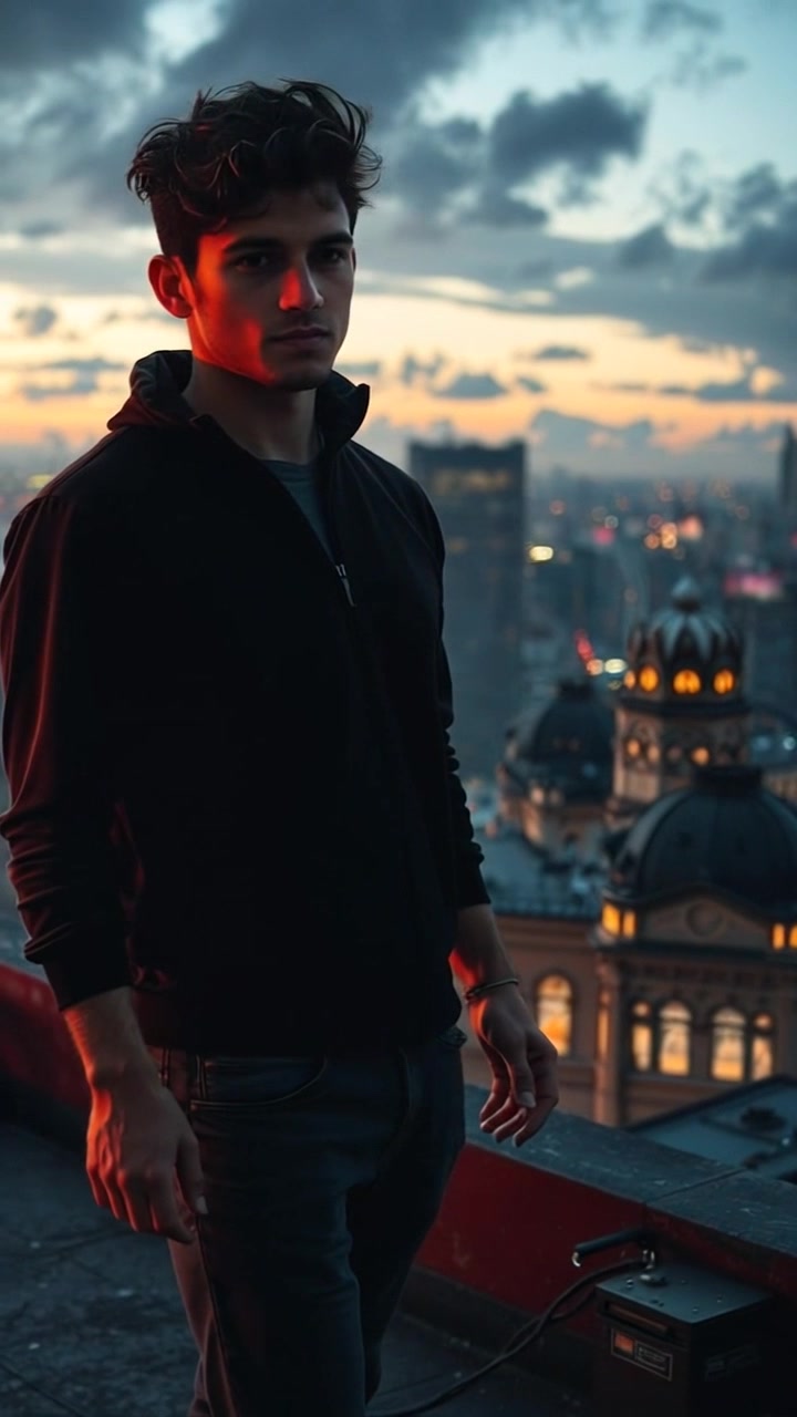 Subject: Mateo standing alone on a rooftop with a melancholic expression. Subject movement: He shifts his gaze slowly over the city skyline as the sun sets. Scene: Rooftop setting overlooking a sprawling cityscape at dusk, with deepening shadows and glimmers of city lights beginning to appear. Style: Soft, ambient dusk lighting, creating a wistful atmosphere. Motion: Camera moves in slowly, capturing Mateo's profile against the backdrop of the expertly illuminated skyline, the mood reflecting a sense of longing.
