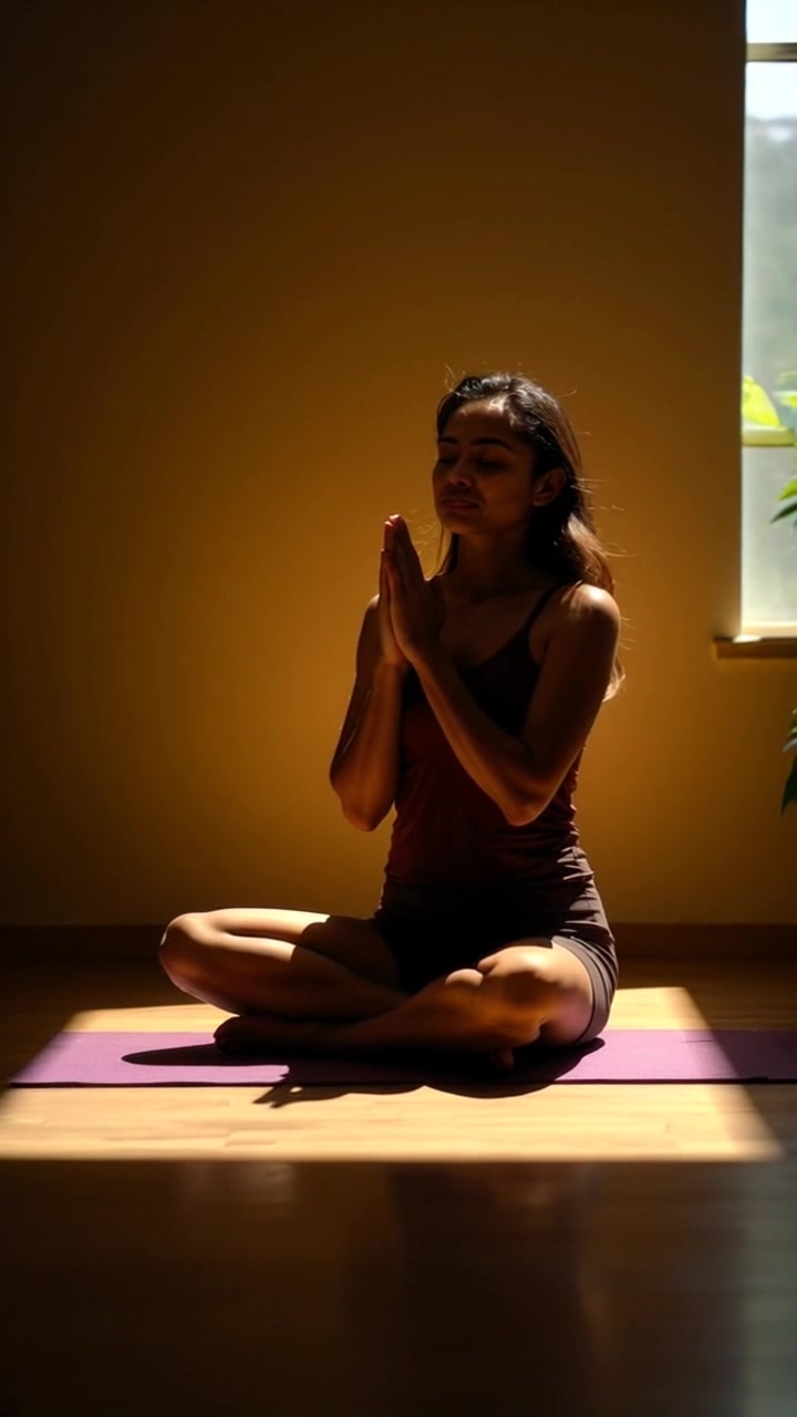 Subject: Priya sitting cross-legged on a yoga mat. Subject movement: Priya takes deep breaths, her chest rising and falling rhythmically as she maintains a serene expression. Scene: A tranquil yoga studio with soft natural light filtering through large windows, surrounded by peaceful plants. Motion: The camera slowly pushes in, capturing the calming atmosphere of the space while focusing on Priya's meditative state. Lighting: Soft, morning light enhances the ambience, creating a warm and inviting atmosphere.