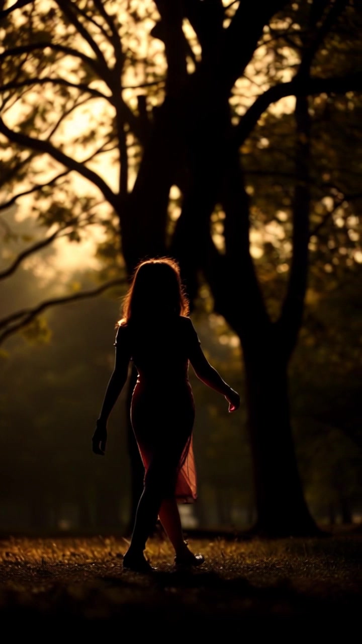 Subject: Priya walking gracefully through a lovely park. Subject movement: She strolls leisurely, occasionally glancing at the towering trees around her. Scene: A serene park setting filled with lush trees and soft grass underfoot. Style: Soft, natural lighting illuminating the scene, creating a warm and inviting atmosphere. Motion: Camera smoothly tracks alongside Priya as she walks, slightly pulling back to capture the beauty of the surrounding landscape.