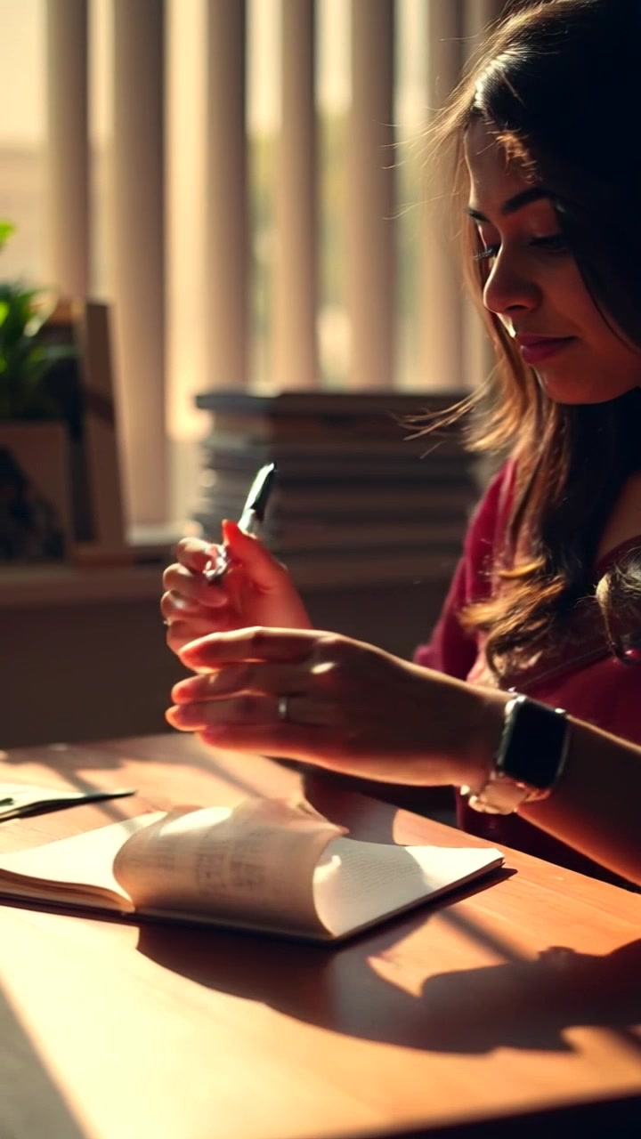 Subject: A young woman writing in her diary at a cozy desk. Subject movement: She writes thoughtfully, occasionally pausing to reflect on her goals for the week. Scene: A warm, inviting bedroom filled with soft textures and personal touches, like plants and photos. Lighting: Morning light streaming through the window, casting a gentle glow on the scene. Motion: The camera performs a smooth push-in as it slowly focuses on the diary's pages, capturing her delicate handwriting and the serene ambiance of her workspace.