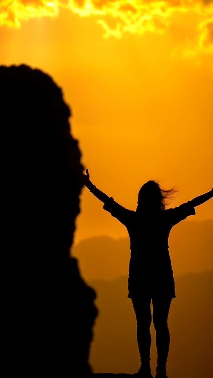 Subject: A woman with arms outstretched on a cliff, gazing up at the sky. Subject movement: She stands still, embracing the moment as a gentle breeze tousles her hair. Scene: A breathtaking cliff overlooking a vast landscape, with dramatic clouds and a vibrant sunset in the background. Style: Warm, golden-hour lighting infusing the scene with a sense of serenity and freedom. Motion: Camera begins with a steady wide shot showcasing the cliffside and expansive view, then gradually pushes in closer to capture her expression of wonder.