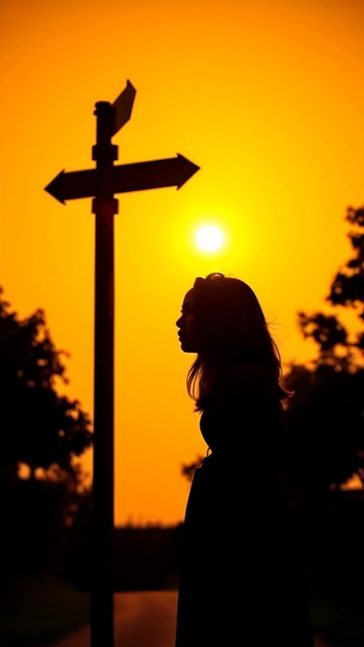 Subject: Priya standing at a crossroads. Subject movement: She gazes up determinedly at the signpost, contemplating her next decision. Scene: The crossroads surrounded by lush greenery, with paths diverging into the distance. Style: Morning light casting soft shadows, illuminating the vibrant foliage. Motion: Camera performs a slow, dramatic push-in as it captures her expression of determination, creating an intimate connection with her journey.