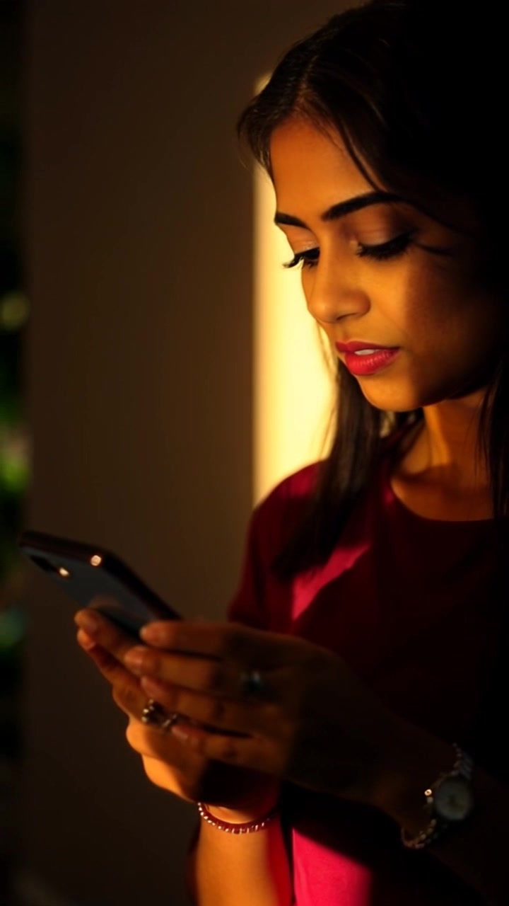 Subject: Priya looking surprised as she reads a heartfelt message on her phone. Subject movement: Priya's expression shifts from curiosity to delight, her eyes widening and a smile forming. Scene: Cozy living room filled with soft furnishings and warm lighting, a glimpse of plants in the background. Style: Soft, ambient lighting that creates an inviting atmosphere. Motion: A smooth push-in shot towards Priya as she reacts to the message, capturing the warmth of the moment.