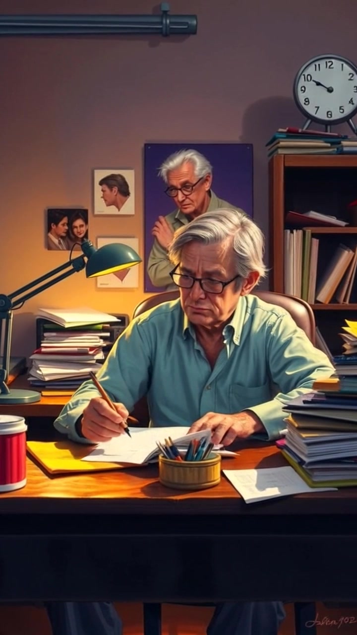 Scene: A cluttered desk in a dimly lit room, papers strewn about as an individual sits pensively, deep in thought. Style: Faint, warm lighting casting soft shadows that create an intimate atmosphere. Motion: The camera performs a slow push-in towards the desk, capturing the intricate details of the papers and the reflective surface, before gently panning to reveal the thoughtful expression.