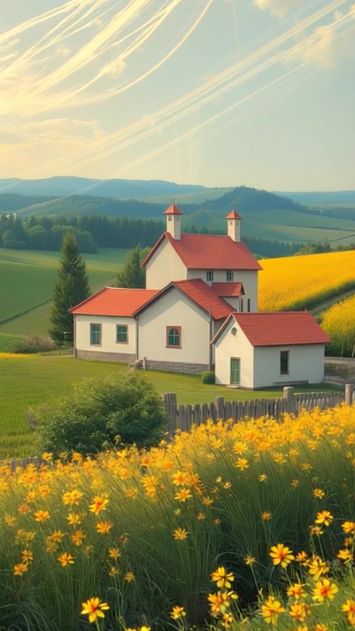 Scene: A tranquil countryside landscape, reminiscent of the scenery that inspired Van Gogh's artwork, with rolling hills and a vibrant sky. Style: Soft, golden-hour light casting warm hues across the fields and illuminating the textures of the countryside. Motion: A smooth camera dolly forward, gliding through the fields, capturing the serene beauty of the landscape while subtle breezes cause the grass to sway gently.