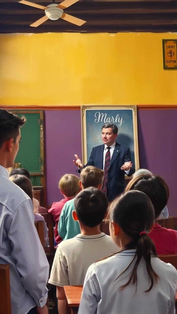 Subject: Vincent Van Gogh passionately teaching a group of attentive children in an old-fashioned classroom. Subject movement: Van Gogh gestures animatedly as he explains art concepts, while the children shift in their seats, captivated by his presence. Scene: An old-fashioned classroom filled with wooden desks, vintage posters, and warm wooden accents. Lighting: Soft, natural morning light filtering through large windows, casting an inviting glow. Motion: Camera slowly pans across the classroom, capturing the interactions between the artist and students, emphasizing the engaging atmosphere.