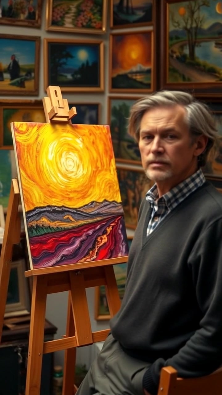 Scene: A quaint art studio filled with various paintings, showcasing an easel prominently featuring Van Gogh's artwork. Style: Soft, ambient light illuminating the canvas and surrounding artwork, creating an inviting atmosphere. Motion: The camera slowly glides through the studio, capturing the diverse paintings and panning gently to focus on the canvas, allowing viewers to appreciate the intricate details and vibrant hues.