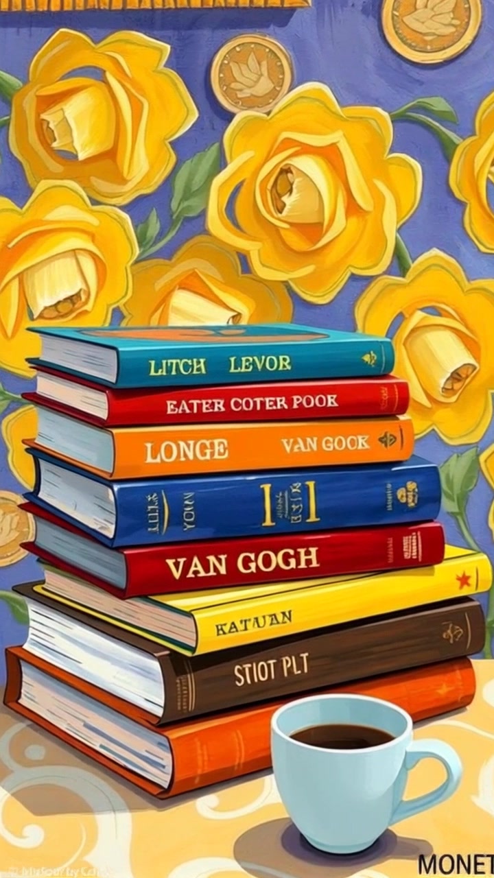 Scene: A stack of art books featuring stunning Van Gogh artworks, positioned on a wooden table next to a steaming cup of coffee. Style: Soft morning light streaming in, casting gentle shadows and creating an inviting atmosphere. Motion: Camera gently pushes in on the stack of books, capturing a close-up of the vibrant cover art, while the steam from the coffee softly swirls in the air.