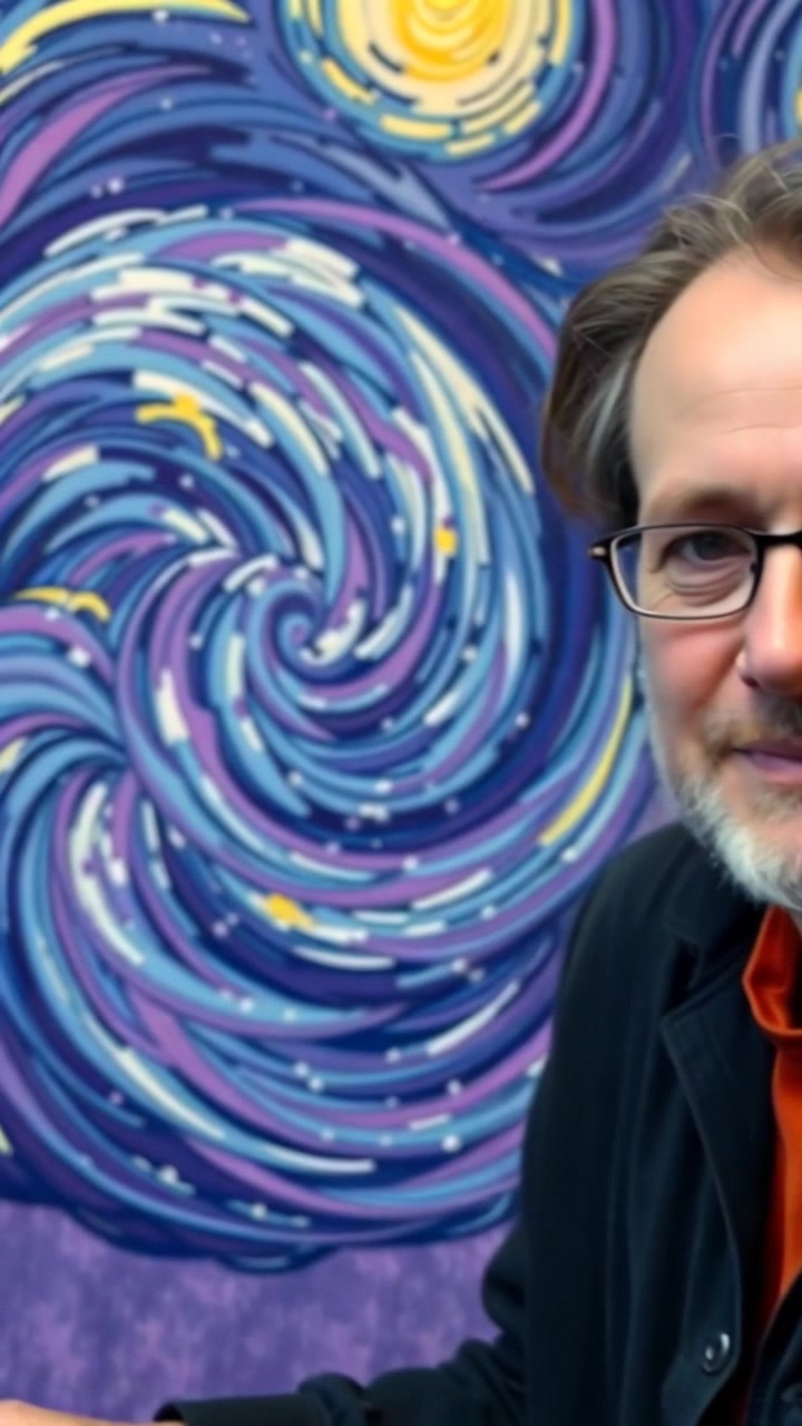 Scene: A close-up of a swirling night sky on a canvas, inspired by Van Gogh's iconic style. Style: Rich, deep blues and vibrant yellows collide, creating an impression of movement and emotion. Motion: The camera gently pushes in, allowing the viewer to immerse into the artwork as the colors seem to flow and dance, capturing the essence of the painted night.