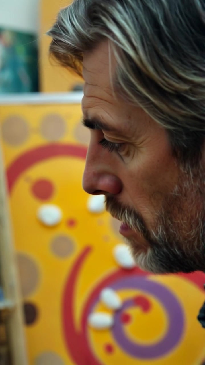 Subject: A focused artist, his face illuminated by the warm hues of the canvas. Subject movement: He is actively painting, brush strokes fluidly gliding across the surface as he concentrates. Scene: Intimate studio filled with vibrant canvases and cluttered art supplies, emphasizing the creative chaos around him. Style: Soft, ambient lighting enhances the colors on the canvas and the determined expression on his face. Motion: Camera slowly pushes in for a close-up on the artist's face, capturing the intensity of his gaze and the intricate details of his brushwork in a seamless, immersive shot.