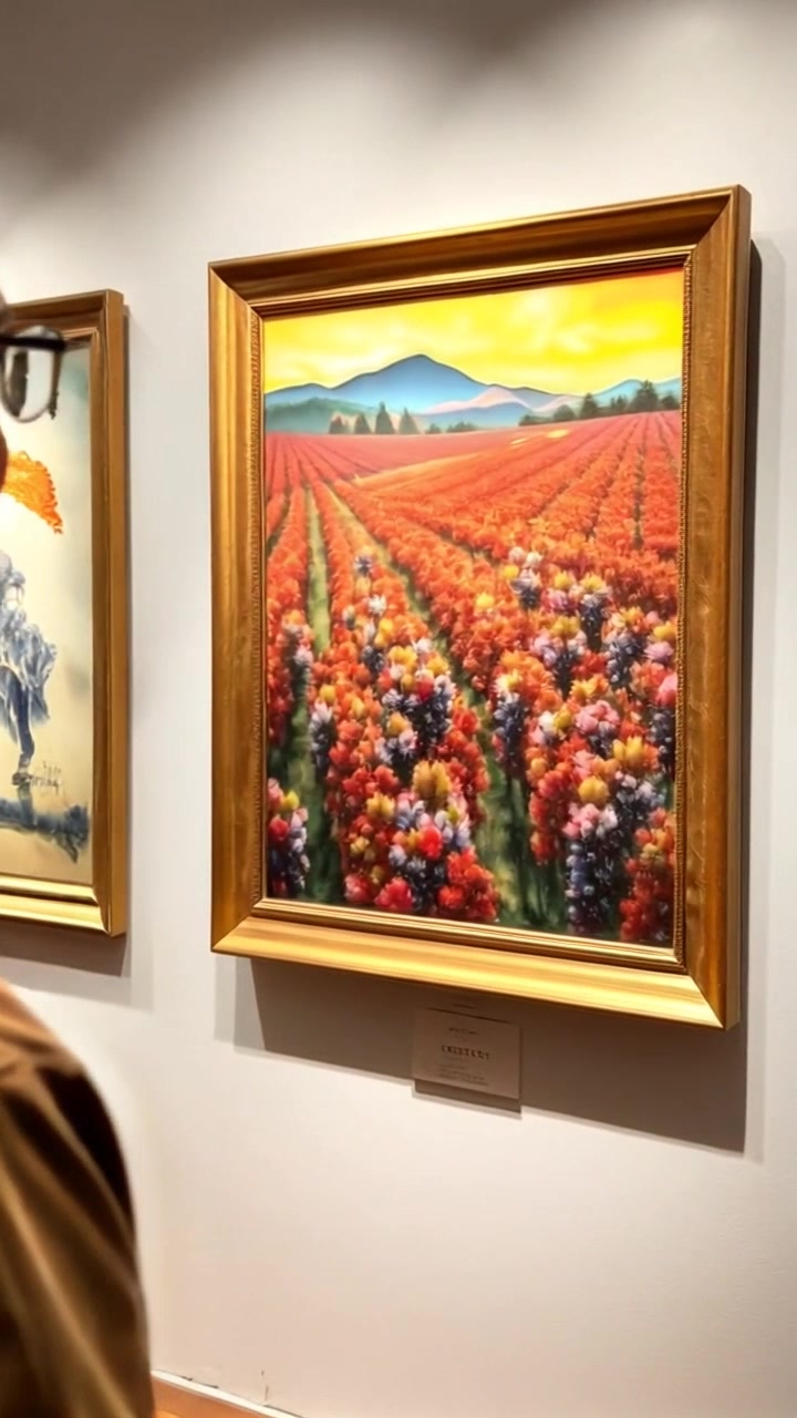 Subject: A person observing 'The Red Vineyard' painting closely, engrossed in thought. Subject movement: The person shifts slightly as they tilt their head to examine the details of the artwork. Scene: Inside an elegant art gallery, softly lit to highlight the paintings on display. Style: Ambient lighting creates a contemplative atmosphere, accentuating the vibrant colors of the painting. Motion: The camera does a slow push-in towards the person and the artwork, focusing on their reactions while revealing the artistry in the background.