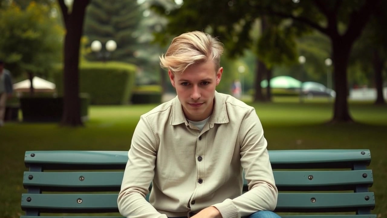 Subject: A thoughtful figure seated on a park bench, gazing introspectively at the ground. Scene: Serene park setting with lush greenery and softly swaying trees in the background. Style: Gentle morning light filtering through the leaves, creating a dappled effect on the ground. Motion: The camera slowly zooms in on the figure's contemplative expression, while light breezes rustle the leaves overhead, enhancing the tranquil atmosphere.
