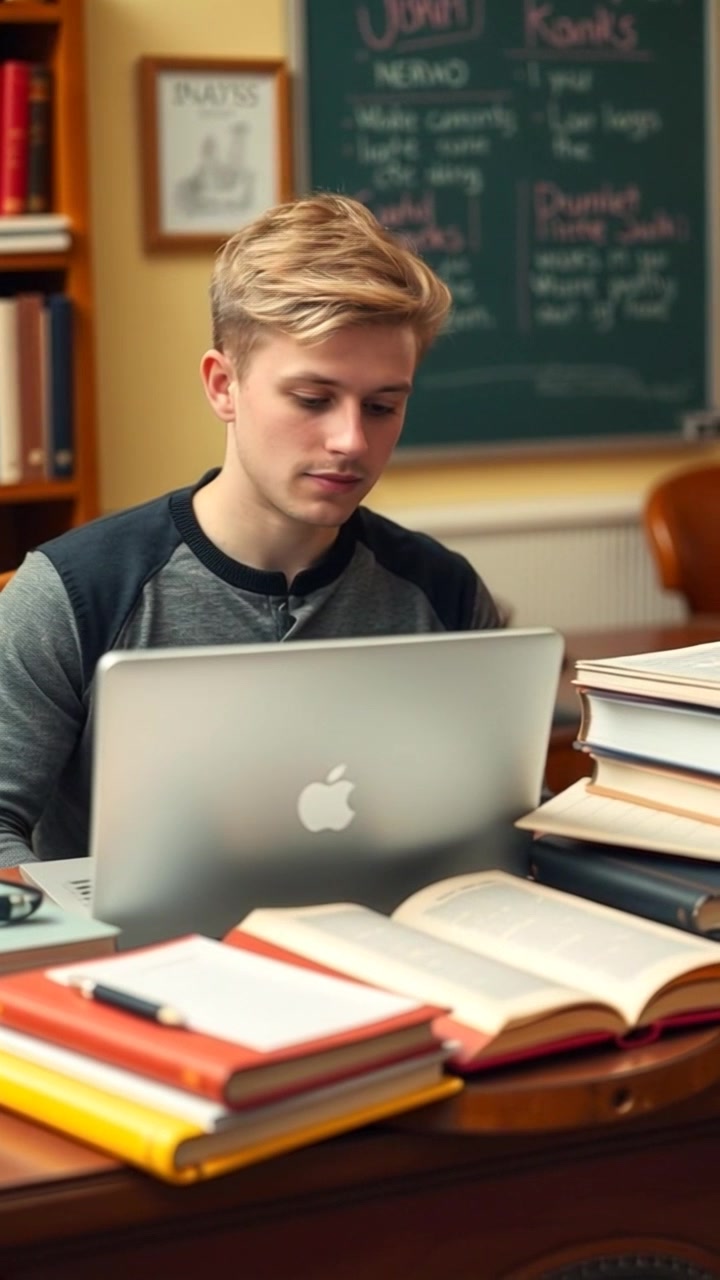 Scene: A close-up of a desk cluttered with textbooks and notes, with a laptop open and displaying a study session in progress. Style: Ambient light filtering in from a nearby window, creating a soft, focused atmosphere. Motion: Camera gently tilts down from the laptop screen to the scattered notes, emphasizing the intensity of the study environment.