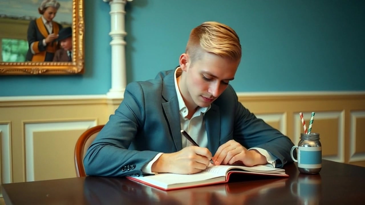 Subject: A focused individual preparing notes for an upcoming interview at a cozy table. Subject movement: The individual occasionally flips through pages and writes notes, demonstrating concentration. Scene: An inviting coffee shop with warm wooden accents, soft light streaming through large windows, and other patrons engaged in quiet conversations. Motion: Camera gently pushes in from a wider frame to a close-up on the notes, capturing the details of the preparation while maintaining a warm and engaging atmosphere.